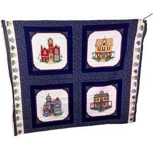 Vintage Cranston Victorian Houses  NAvy blue Cotton Fabric Panel 35" x 44"